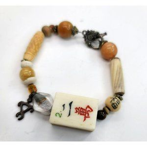 Mixed Media Beaded Asian Bracelet Neutral Carved Stone Wood 8" Dh269